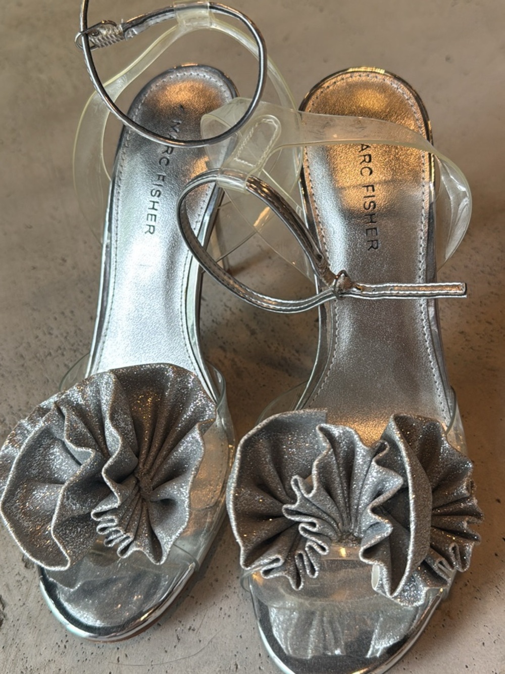 Marc Fisher Silver Glitter Rosette Clear Strap Heels